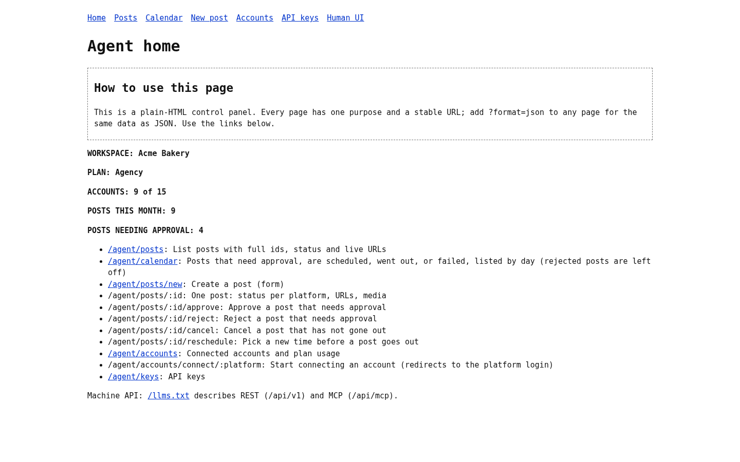 Agent view home: workspace, accounts and next steps in plain HTML