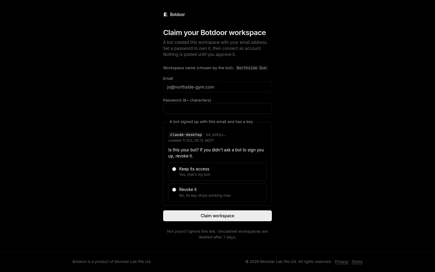 The claim page with the bot’s key and the Keep or Revoke choice