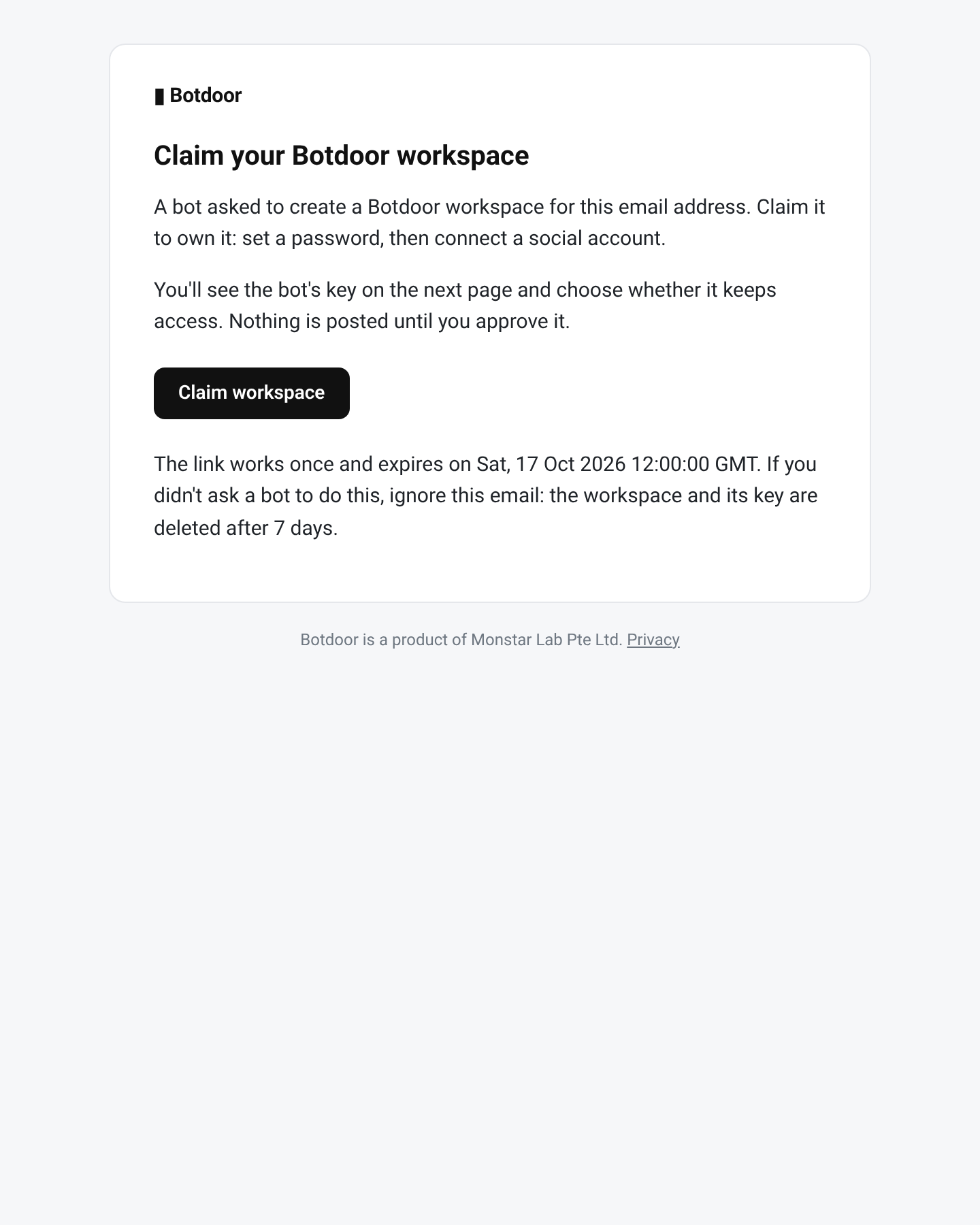 The claim email: Claim your Botdoor workspace