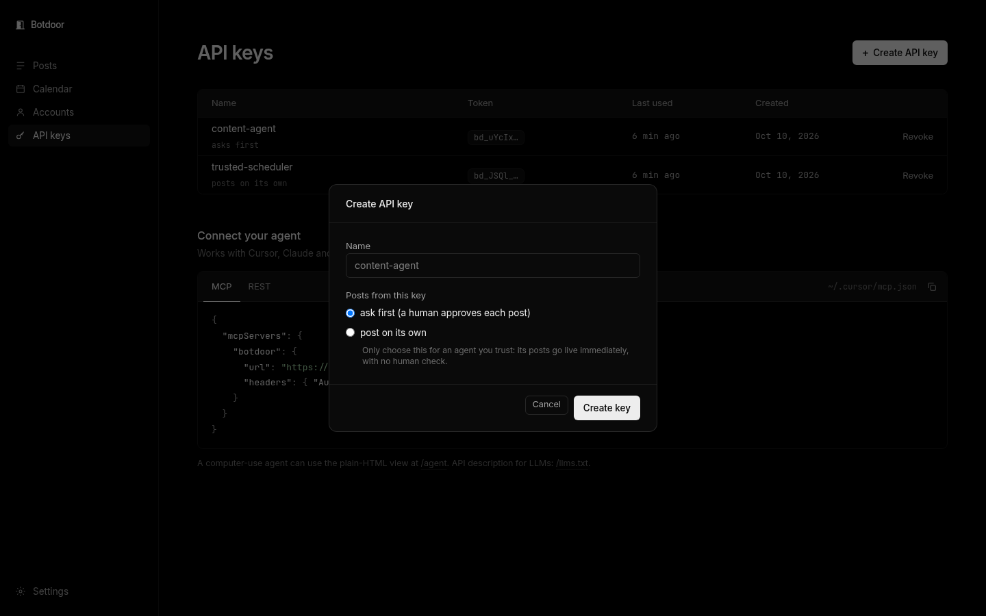 Create key dialog with ask first and post on its own