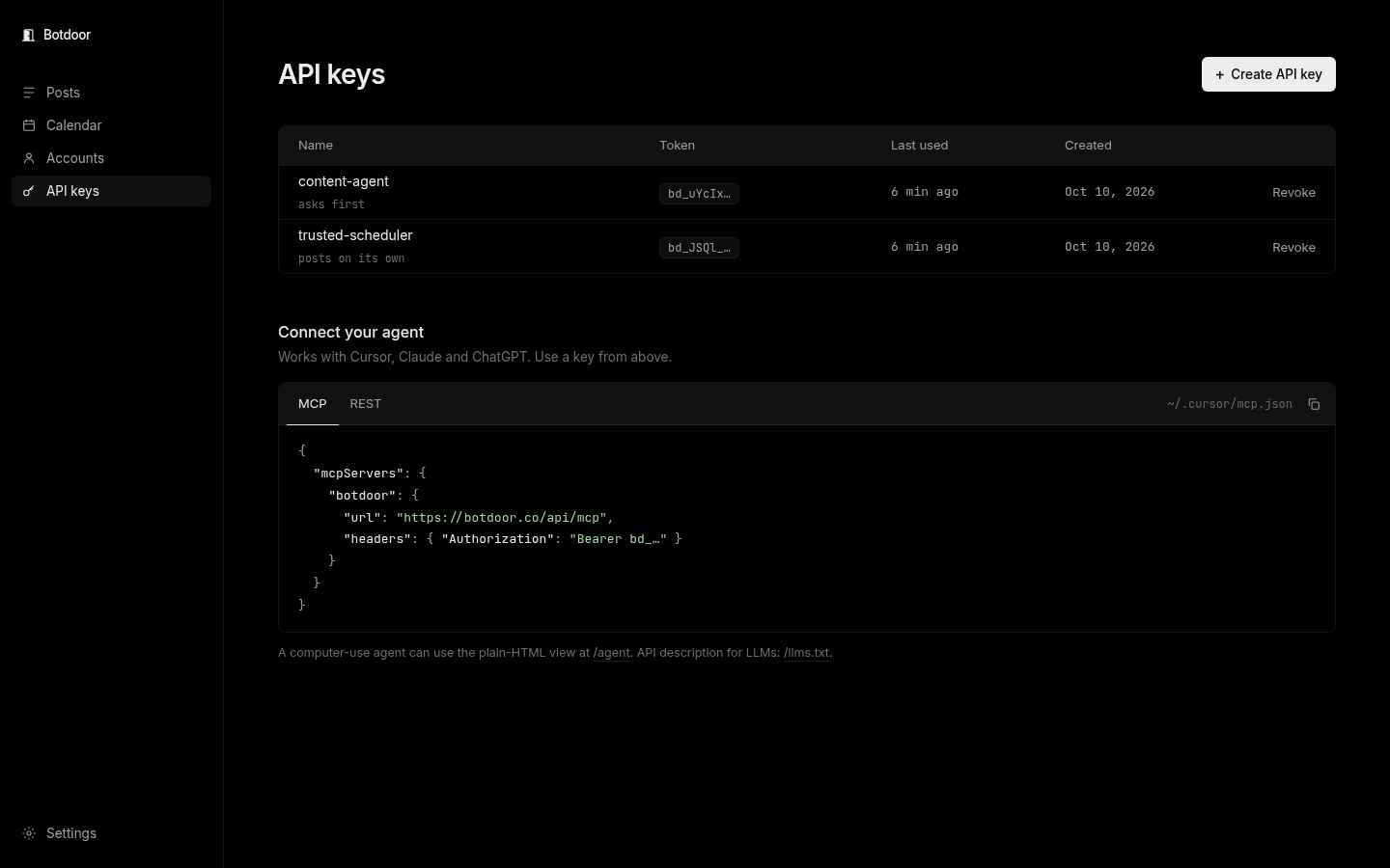 API keys page with key names, prefixes, mode and the MCP config