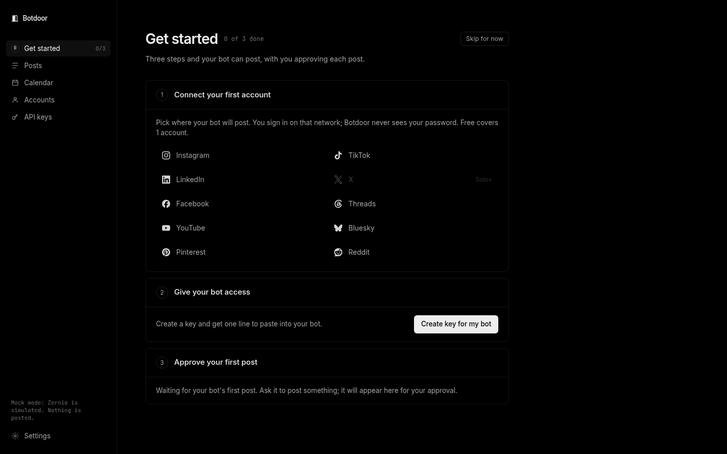 Get started: connect an account, give your bot access, approve the first post